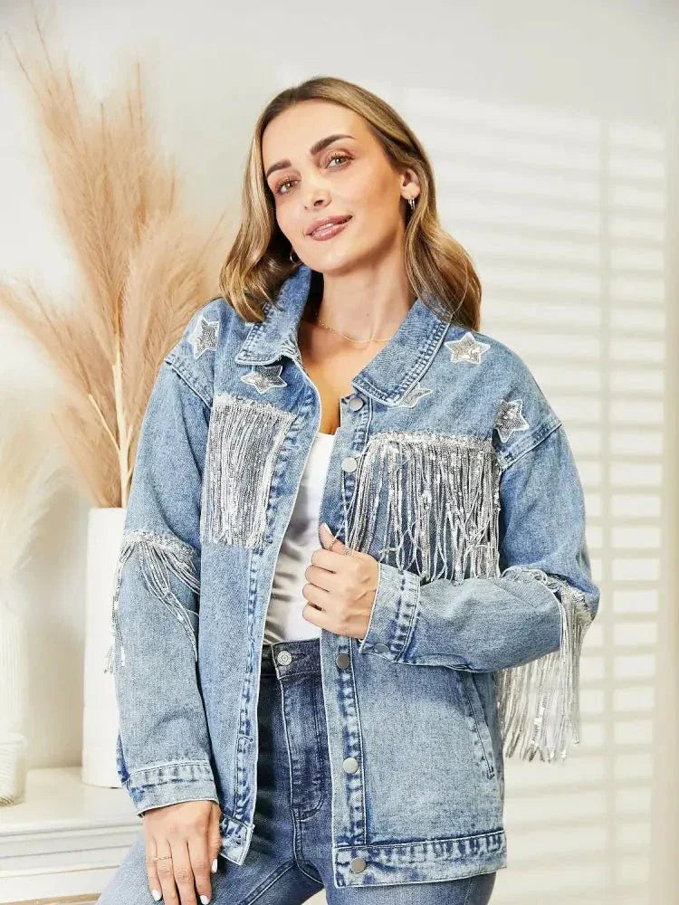 Fringe Detail Long Sleeve Denim Jacket - Update AvenueTrendsi100100211280222100100211280222844c0356562c4817900782800bb09904 - MaxLight