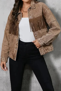 Fringe Trim Snap Down Denim Jacket - Update AvenueTrendsi100100605225787100100605225787014f8771b9c84aaf8a6d6eff3db9b064 - MaxTaupe