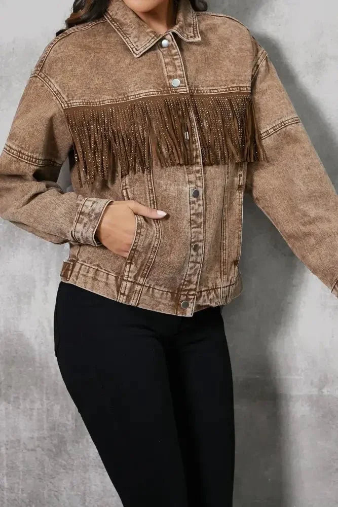 Fringe Trim Snap Down Denim Jacket - Update AvenueTrendsi10010060522578710010060522578731b3013efaa6484d957e298def96df02 - MaxTaupe