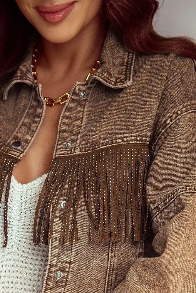 Fringe Trim Snap Down Denim Jacket - Update AvenueTrendsi100100605225787100100605225787e9ed4940037e4117ae841af14d074445 - MaxTaupe