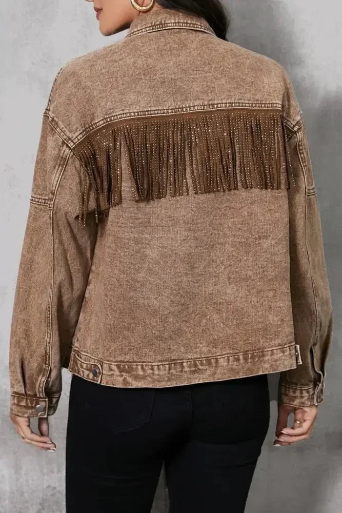 Fringe Trim Snap Down Denim Jacket - Update AvenueTrendsi100100605225787100100605225787d7a9aa49e4694698ae5b26e63b500262 - MaxTaupe