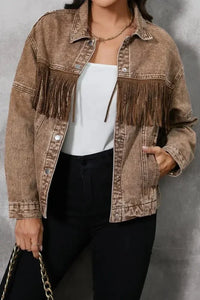Fringe Trim Snap Down Denim Jacket - Update AvenueTrendsi100100605225787100100605225787fb1fc4e36c214aa4ba5c25af14b629b2 - MaxTaupe