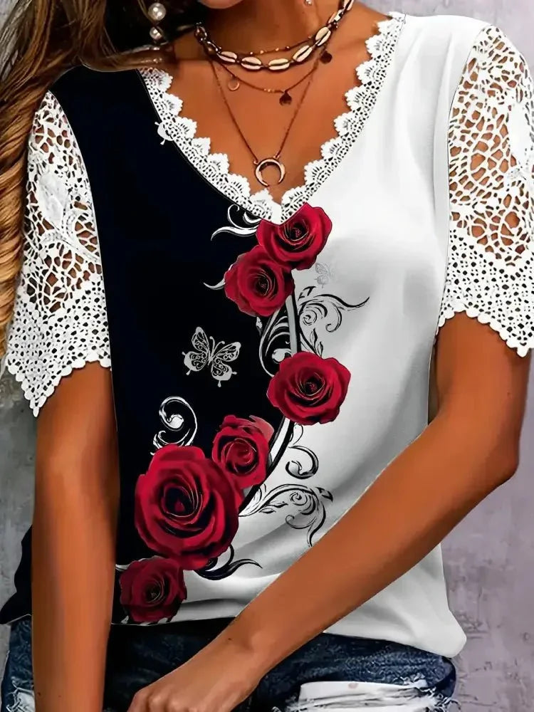 Full Size Printed Lace Sleeve V - Neck T-Shirt Plus Size - Update AvenueT-ShirtsTrendsi1001005784234311001005784234317762b35457544abd80dcd0ef0b948e08 - Max - OriginScarlet
