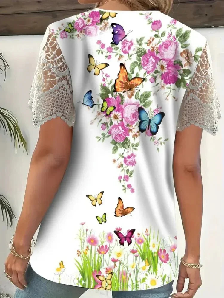 Full Size Printed Lace Sleeve V - Neck T-Shirt Plus Size - Update AvenueT-ShirtsTrendsi10010057842736410010057842736422045e26f3a545519faecdc03a15c5cf - Max - OriginPink