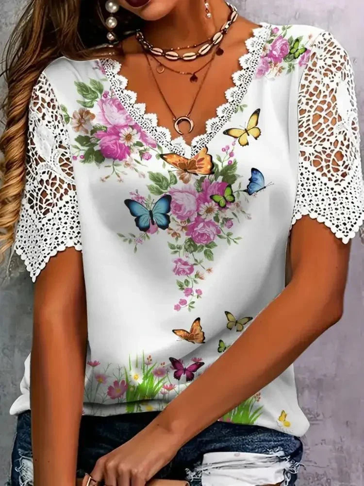 Full Size Printed Lace Sleeve V - Neck T-Shirt Plus Size - Update AvenueT-ShirtsTrendsi10010057842736410010057842736428c4afd37b30451eb6cfd4be79be1ba3 - Max - OriginPink