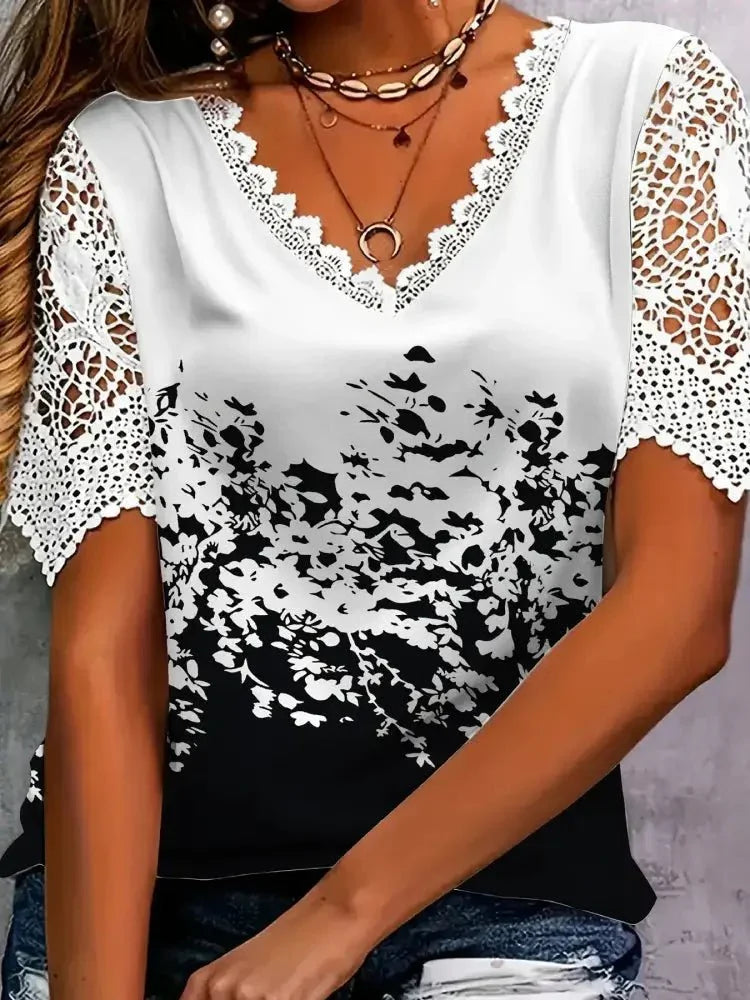 Full Size Printed Lace Sleeve V - Neck T-Shirt Plus Size - Update AvenueT-ShirtsTrendsi1001005784286431001005784286437ba6f5f3884e4b809c9f6746ebc9241b - Max - OriginBlack