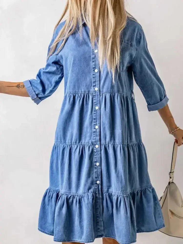 Full Size Ruffled Hem Button Up Denim Midi Dress Plus Size - Update AvenueDenim Dresses & SkirtsTrendsi1001005878456751001005878456752f85d9af13dd4c57a546ca97dbc17712 - Max - OriginBlue