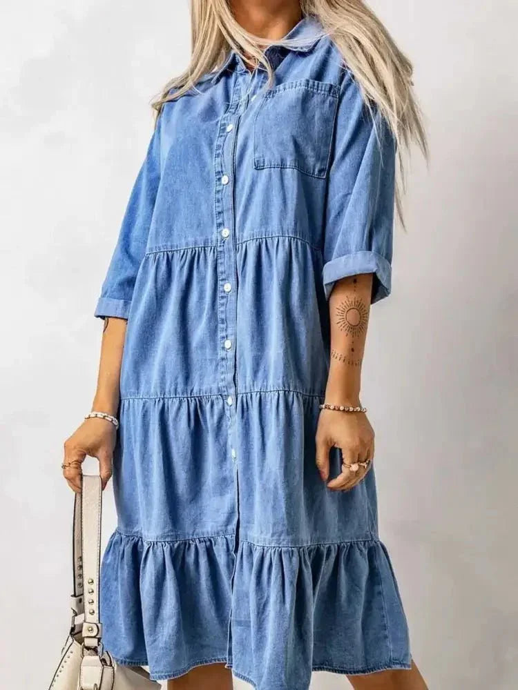Full Size Ruffled Hem Button Up Denim Midi Dress Plus Size - Update AvenueDenim Dresses & SkirtsTrendsi100100587845675100100587845675316b9d713b134145bbbf123b91aa6162 - Max - OriginBlue