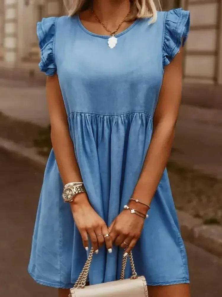 Full Size Ruffled Round Neck Cap Sleeve Denim Dress - Update AvenueDenim Dresses & SkirtsTrendsi1001000269930671001000269930672b595484 - 8e18 - 450a - a044 - 04416c162018 - MaxMedium