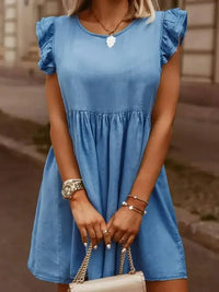 Full Size Ruffled Round Neck Cap Sleeve Denim Dress - Update AvenueDenim Dresses & SkirtsTrendsi1001000269930671001000269930672b595484 - 8e18 - 450a - a044 - 04416c162018 - MaxMedium