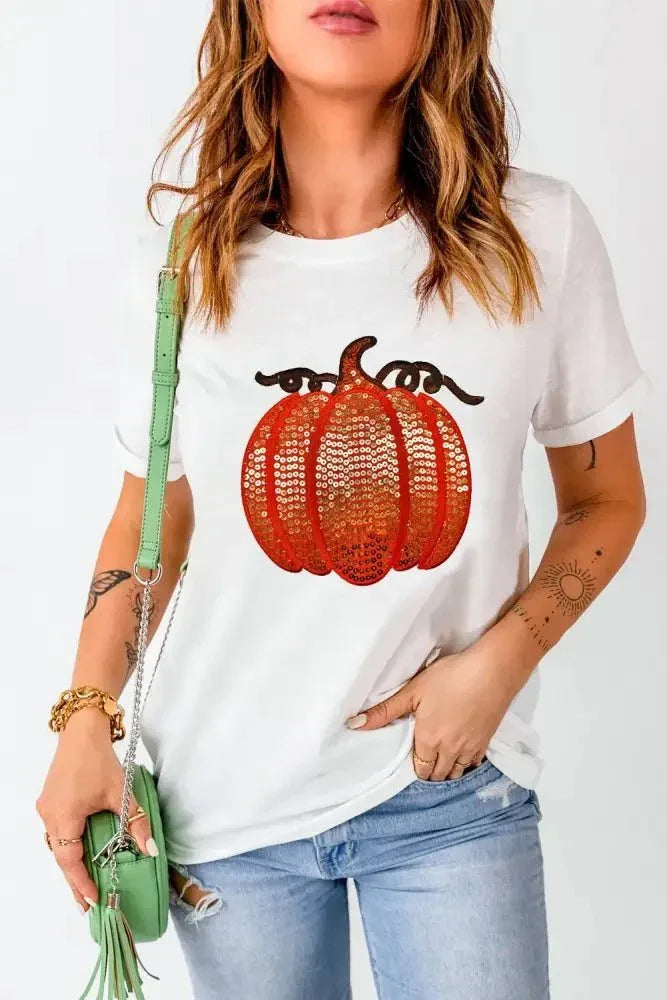 Full Size Sequin Pumpkin Round Neck Short Sleeve T-Shirt - Update AvenueHalloweenTrendsi1001005622611521001005622611528b89cb67 - 540b - 44e8 - 8ff9 - 13475a6a8f5d - MaxWhite