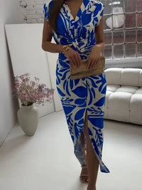 Full Size Slit Printed V - Neck Midi Dress Plus Size - Update AvenueCasual DressesTrendsi100100609630003100100609630003Full Size Slit Printed V - Neck Midi Dress Plus SizeBlue