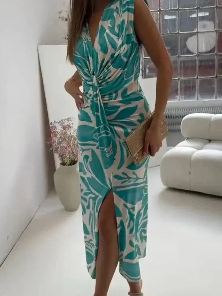 Full Size Slit Printed V - Neck Midi Dress Plus Size - Update AvenueCasual DressesTrendsi100100609630998100100609630998Full Size Slit Printed V - Neck Midi Dress Plus SizeGreen