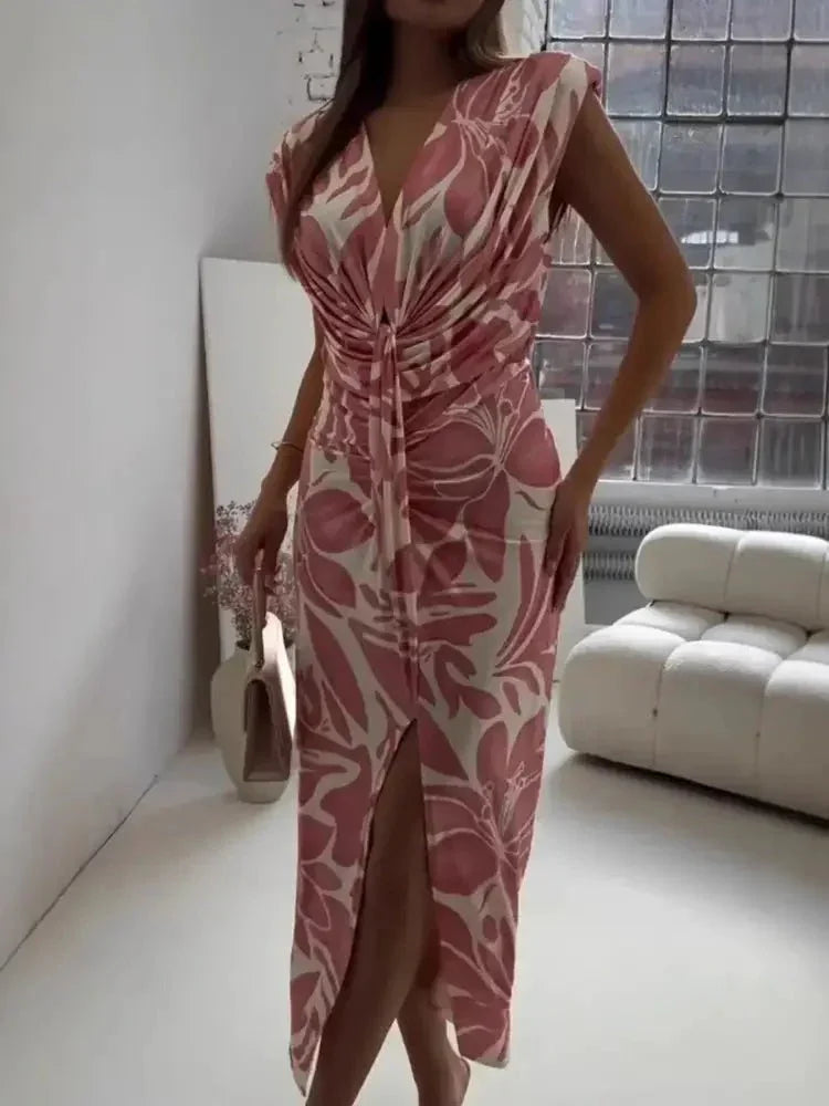 Full Size Slit Printed V - Neck Midi Dress Plus Size - Update AvenueCasual DressesTrendsi100100609638940100100609638940Full Size Slit Printed V - Neck Midi Dress Plus SizePink