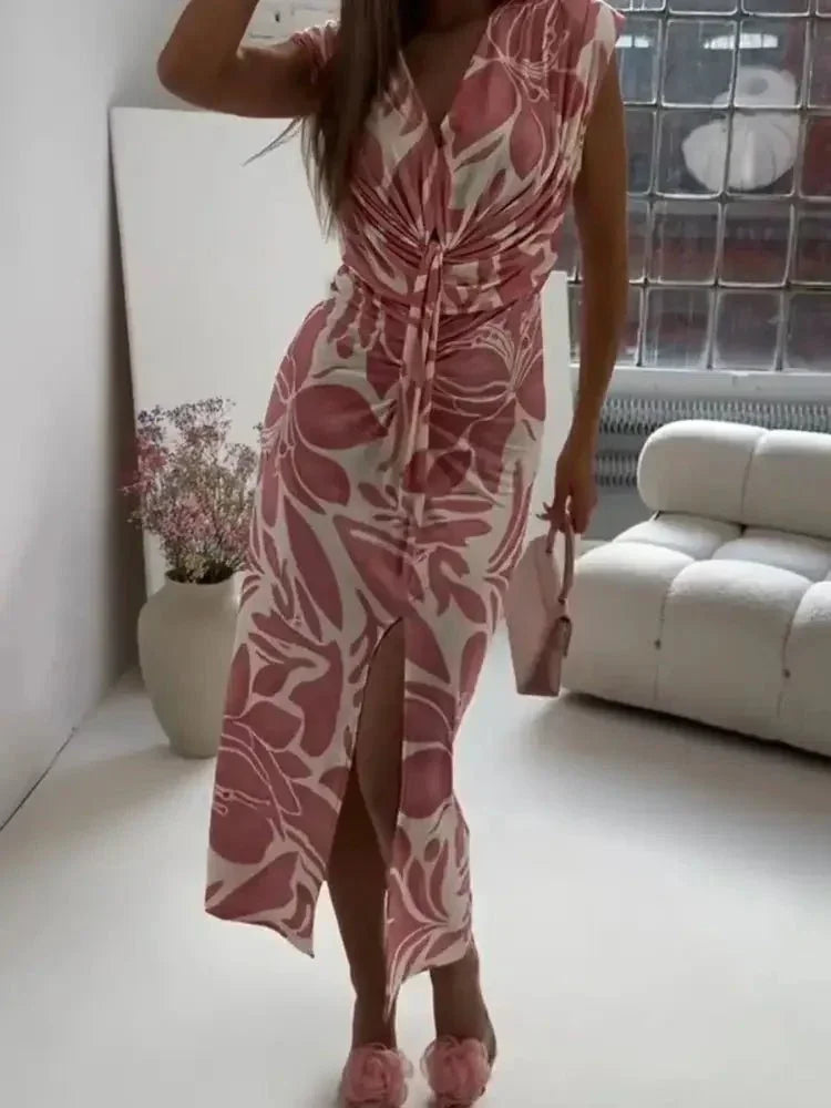 Full Size Slit Printed V - Neck Midi Dress Plus Size - Update AvenueCasual DressesTrendsi100100609638940100100609638940Full Size Slit Printed V - Neck Midi Dress Plus SizePink