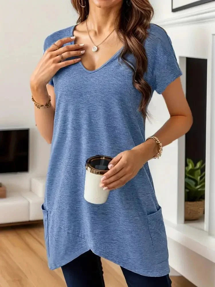 Full Size V - Neck Pocket Front Asymmetric Hem T-Shirt Plus Size - Update AvenueT-ShirtsTrendsi1001006172461761001006172461769369e02380e644c1868e61791da42df9 - Max - OriginBlue