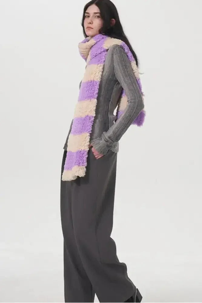 Fuzzy Contrast Striped Scarf - Update AvenueTrendsi100500103383536100500103383536Fuzzy Contrast Striped ScarfVivid Violet