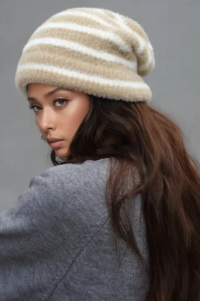 Fuzzy Contrast Striped Thermal Hat