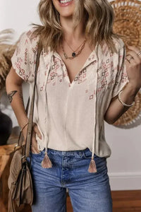 Geometric Embroidered Short Sleeve Tassel Tie Neck Blouse - Update AvenueBoho VibesTrendsi1001004602085971001004602085971551069b - 7258 - 4979 - 8700 - 2f3f2a096ae5 - Max - OriginBeige