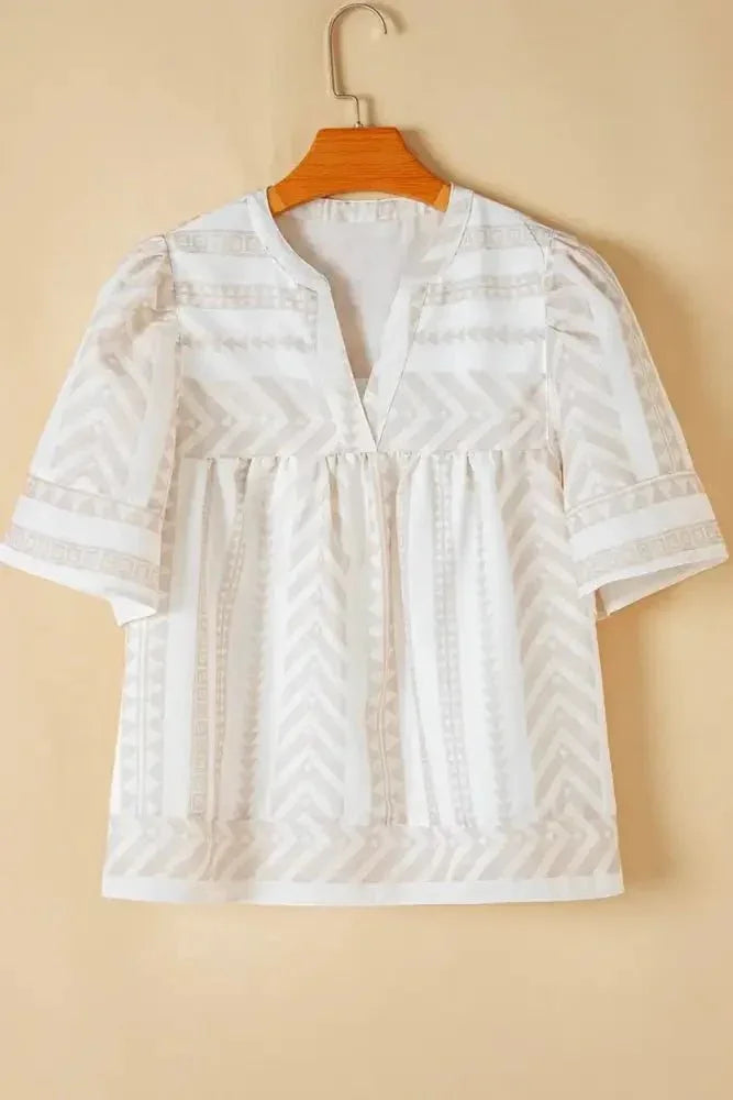 Geometric Jacquard Notched Half Sleeve Blouse - Update AvenueVacation StyleTrendsi10010031455219510010031455219540221755 - 00c1 - 41f5 - 9334 - 8bbd0d37cedb - MaxCream