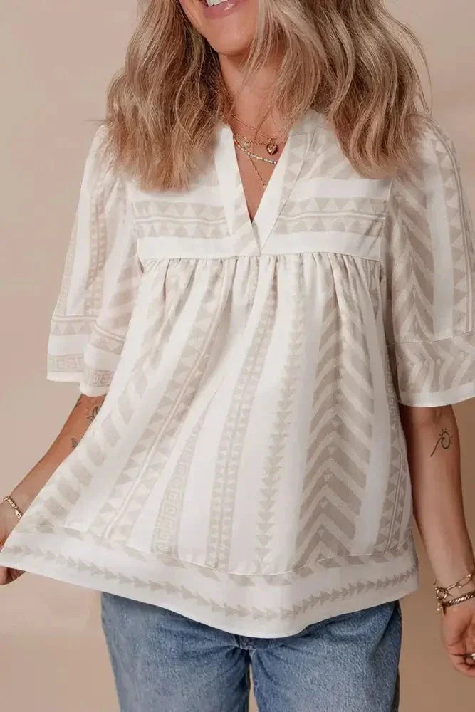 Geometric Jacquard Notched Half Sleeve Blouse - Update AvenueVacation StyleTrendsi10010031455219510010031455219552aa8712 - 2647 - 4d9a - bc4b - 2087250e4b4e - MaxCream