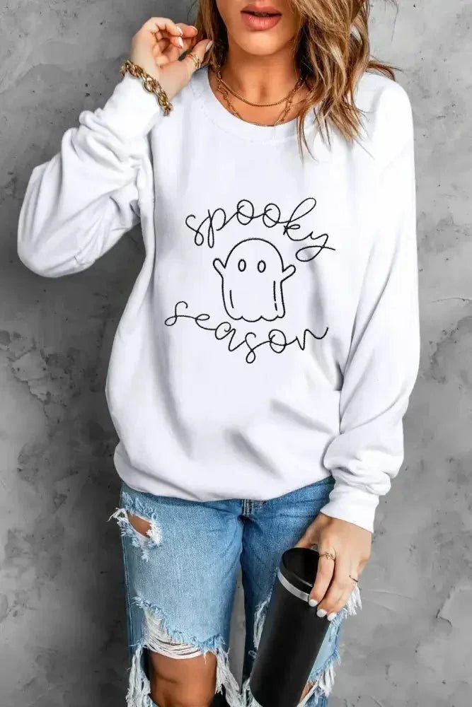 Ghost Graphic Long Sleeve Dropped Shoulder Sweatshirt - Update AvenueHalloweenTrendsi100100674501296100100674501296d984a4a7 - e873 - 4197 - a70c - 96aa07c991d7 - MaxWhite