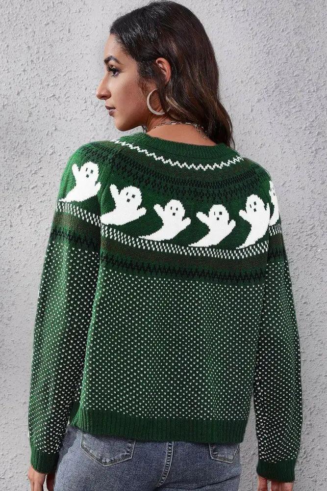 Ghost Pattern Round Neck Long Sleeve Sweater - Update AvenueHalloweenTrendsi100100126912533100100126912533913a5cfe0c8a437480cc3c88e0b2657a - MaxGreen
