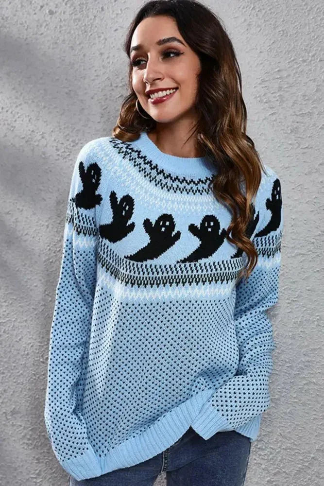 Ghost Pattern Round Neck Long Sleeve Sweater - Update AvenueHalloweenTrendsi10010012691341410010012691341410196256fdd147519a91ebaf0152f042 - MaxPastel Blue