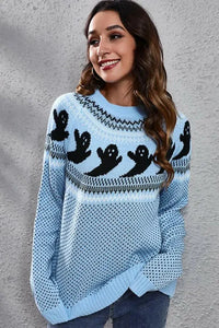 Ghost Pattern Round Neck Long Sleeve Sweater - Update AvenueHalloweenTrendsi10010012691341410010012691341410196256fdd147519a91ebaf0152f042 - MaxPastel Blue