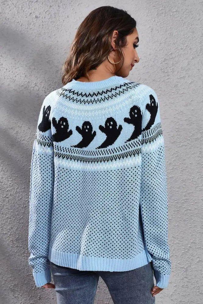 Ghost Pattern Round Neck Long Sleeve Sweater - Update AvenueHalloweenTrendsi100100126913414100100126913414105337f55f8a4d06b66521d1859aaa4b - MaxPastel Blue