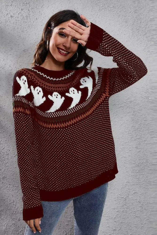 Ghost Pattern Round Neck Long Sleeve Sweater - Update AvenueHalloweenTrendsi100100126913924100100126913924b6182a6dee3e440e969c2cf4ea317484 - MaxWine