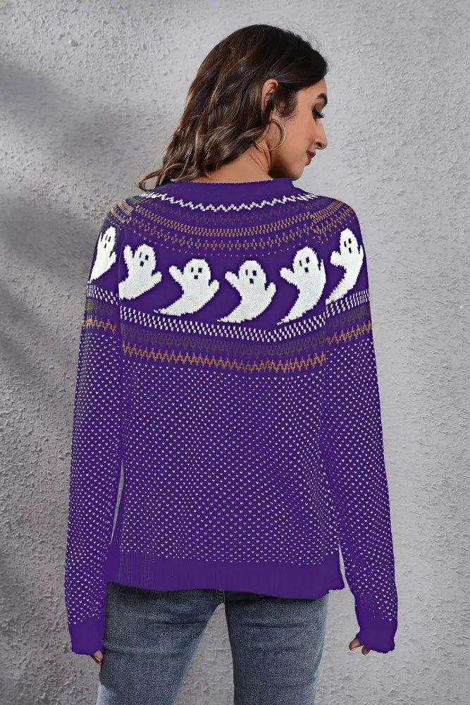 Ghost Pattern Round Neck Long Sleeve Sweater - Update AvenueHalloweenTrendsi100100126919055100100126919055574820fb5bc44b519af245b93d460649 - MaxLight Indigo