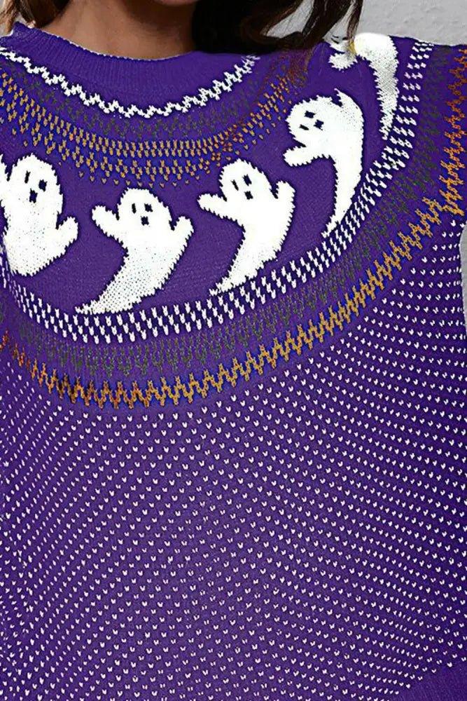 Ghost Pattern Round Neck Long Sleeve Sweater - Update AvenueHalloweenTrendsi10010012691905510010012691905528564bdb31fe4baaa2bb954969b5c5a7 - MaxLight Indigo