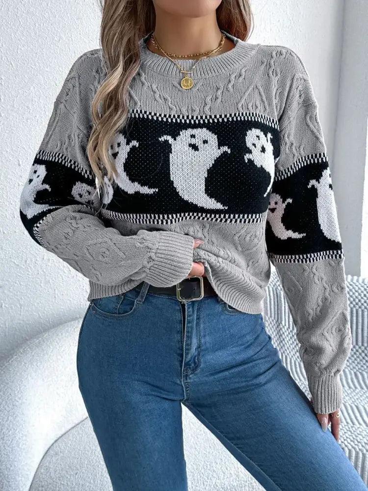 Ghost Round Neck Long Sleeve Sweater - Update AvenueHalloweenTrendsi1001008244034321001008244034321dc55685 - 24cb - 4a2a - 9ab8 - e1898d7d31b9 - MaxGray