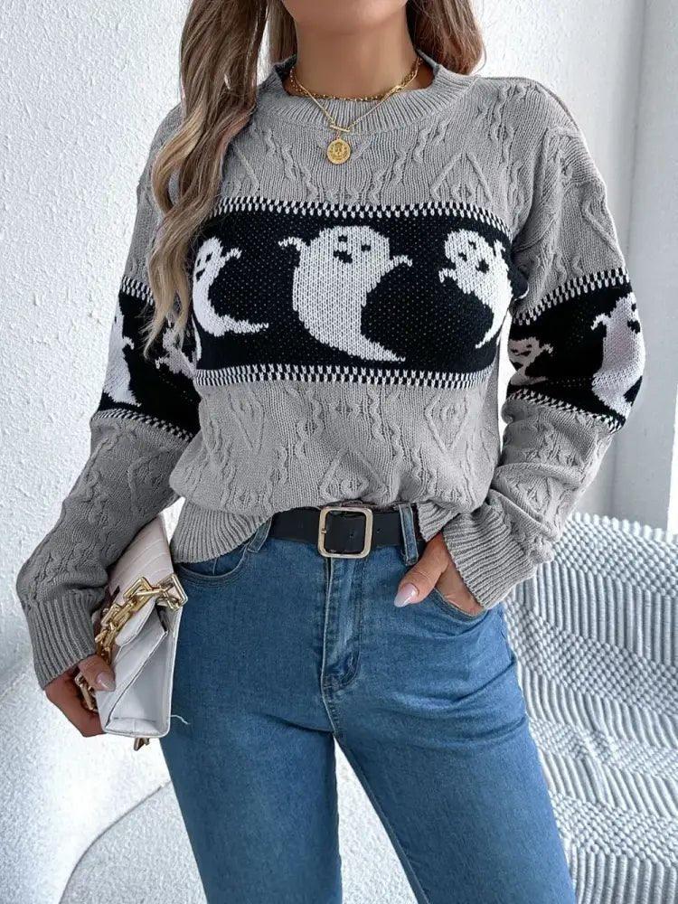 Ghost Round Neck Long Sleeve Sweater - Update AvenueHalloweenTrendsi100100824403432100100824403432def3a076 - 8d8c - 4fae - 8869 - abfa9a31706e - MaxGray