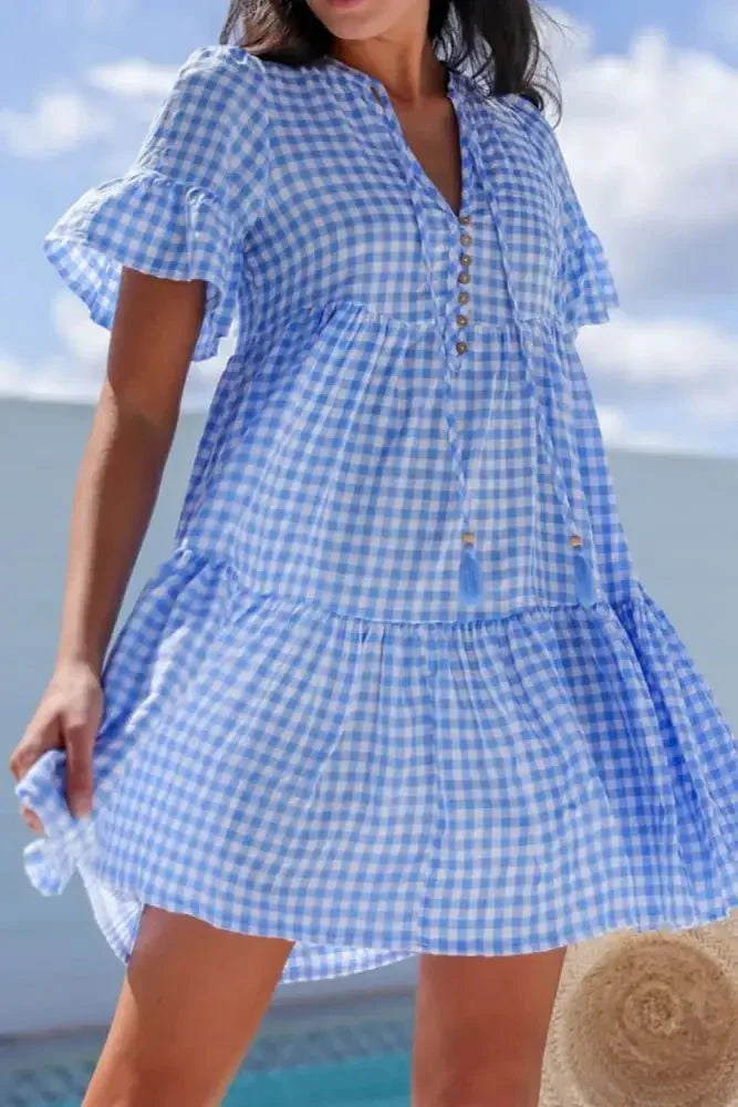 Gingham Short Sleeve Button Tie Split Neck Loose Mini Dress - Update AvenueTrendsi100100519631410100100519631410a343d22b - 894e - 4a23 - a04b - b84d784f18de - Max - OriginLight Blue