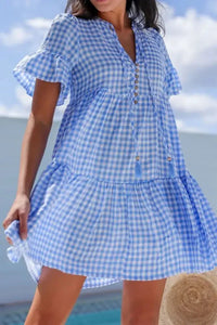 Gingham Short Sleeve Button Tie Split Neck Loose Mini Dress - Update AvenueTrendsi100100519631410100100519631410a343d22b - 894e - 4a23 - a04b - b84d784f18de - Max - OriginLight Blue