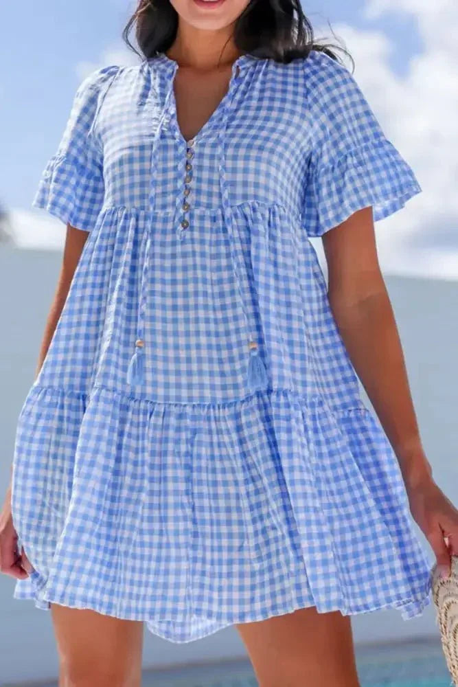 Gingham Short Sleeve Button Tie Split Neck Loose Mini Dress - Update AvenueTrendsi10010051963141010010051963141052fea8fa - 119b - 4f82 - b945 - cb51482c8b6a - Max - OriginLight Blue