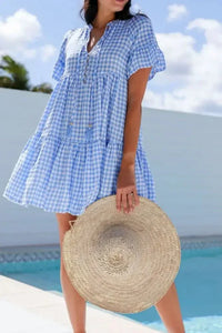 Gingham Short Sleeve Button Tie Split Neck Loose Mini Dress - Update AvenueTrendsi10010051963141010010051963141068de72fc - b59f - 419f - 8cd9 - b7ea60bba434 - Max - OriginLight Blue