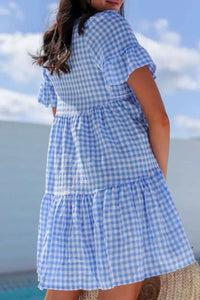 Gingham Short Sleeve Button Tie Split Neck Loose Mini Dress - Update AvenueTrendsi100100519631410100100519631410fb817171 - 9ec8 - 4391 - 8f80 - d566a761858f - Max - OriginLight Blue