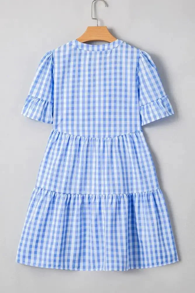 Gingham Short Sleeve Button Tie Split Neck Loose Mini Dress - Update AvenueTrendsi100100519631410100100519631410b36b198f - 0d1a - 49ac - 80ae - 78aa476ebec4 - Max - OriginLight Blue