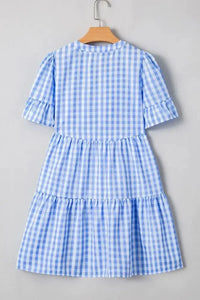 Gingham Short Sleeve Button Tie Split Neck Loose Mini Dress - Update AvenueTrendsi100100519631410100100519631410b36b198f - 0d1a - 49ac - 80ae - 78aa476ebec4 - Max - OriginLight Blue