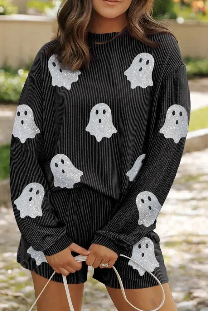 Glitter Ghost Round Neck Long Sleeve Top and Shorts Set - Update AvenueHalloweenTrendsi10010028796108010010028796108061dd48be - 55d9 - 4589 - b211 - ad2dfeaa8d32 - MaxBlack