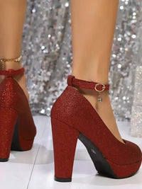 Glitter Platform Block Heel Pumps - Update AvenueTrendsi100600385298340100600385298340Glitter Platform Block Heel PumpsRed Buckle