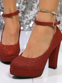 Glitter Platform Block Heel Pumps - Update AvenueTrendsi100600385298340100600385298340Glitter Platform Block Heel PumpsRed Buckle