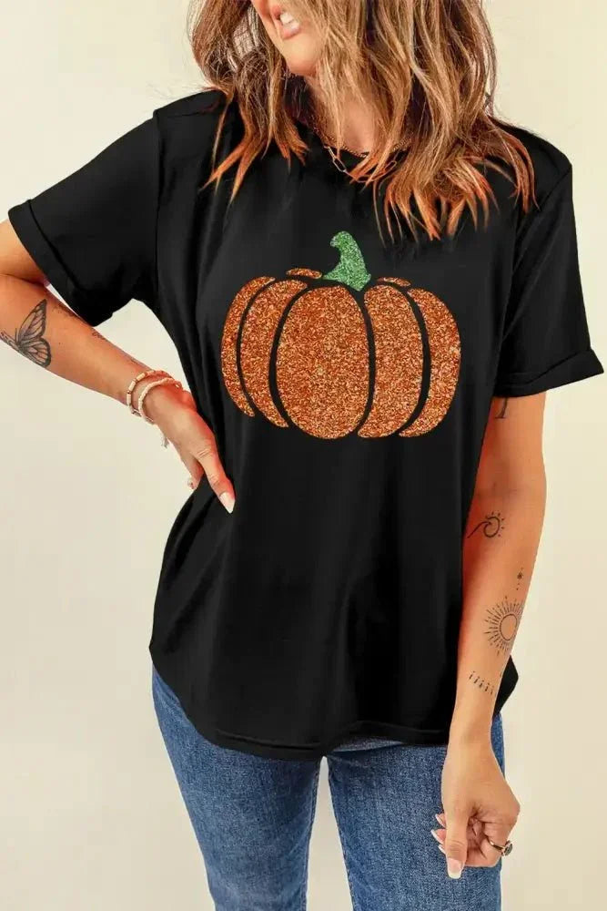 Glitter Pumpkin Round Neck Short Sleeve T-Shirt - Update AvenueHalloweenTrendsi1001002074013801001002074013804c895289 - b0cf - 4503 - 941b - 142a679249ce - MaxBlack