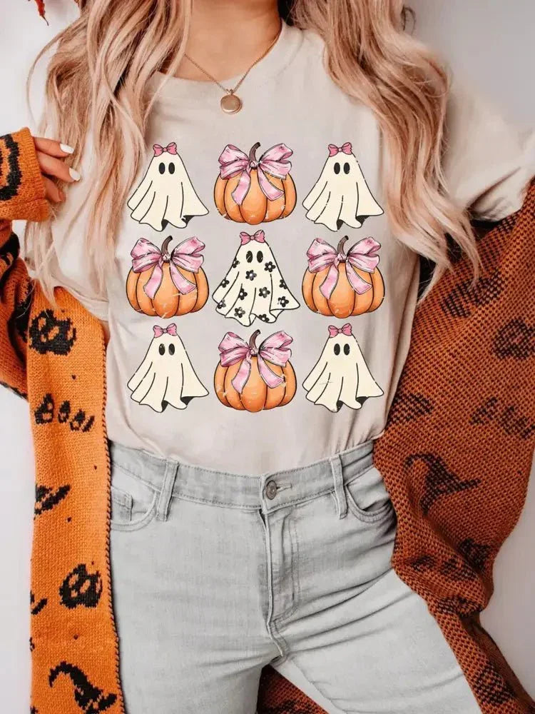 Halloween Bowknot Ghost Pumpkin Graphic T Shirt - Update AvenueHalloweenTrendsi1001000053066181001000053066185e4a8407347945848c590392ad7b7d61 - Max - OriginTan