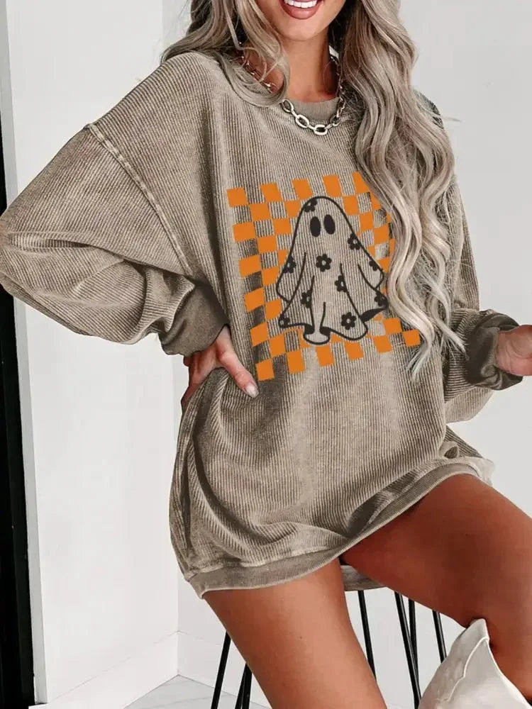 Halloween Checkerboard Floral Ghost Graphic Corded Sweatshirt - Update AvenueHalloweenTrendsi10010081774530510010081774530502056464 - 5ac5 - 46f9 - 95ce - cea74392eae5 - Max - OriginKhaki