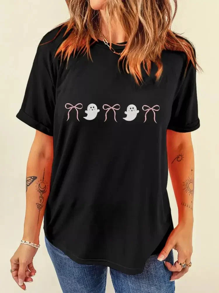 Halloween Ghost Bow Graphic Short Sleeve T-Shirt - Update AvenueHalloweenTrendsi100100224053920100100224053920042f575e359745b69e258046a7544c20 - Max - OriginBlack