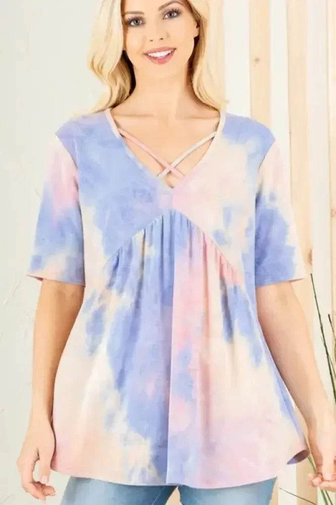 Heimish Full Size Crisscross Tie Dye Babydoll Top Plus Size - Update AvenueVacation StyleTrendsi1001006151518511001006151518511a0e2849 - 6e14 - 47cd - a21c - d7263ead3303 - MaxBlue/Pink